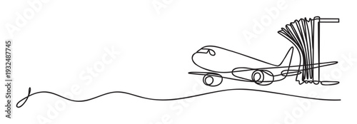 Continuous line drawing of an airplane connected to an airport jet bridge, symbolizing global travel, modern transportation, and aviation industry services for business and leisure.
