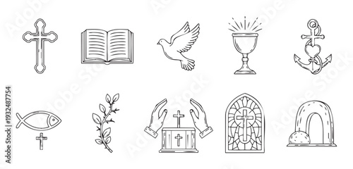 Collection of Christian symbols with cross, bible, dove, chalice, fish, anchor, thorns, altar, stained glass, and empty tomb, useful for spiritual and religious graphic projects.
