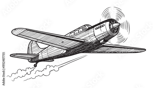 Classic propeller airplane ascending in a dynamic handdrawn sketch style, perfect for historical aviation projects or adventure themed presentations