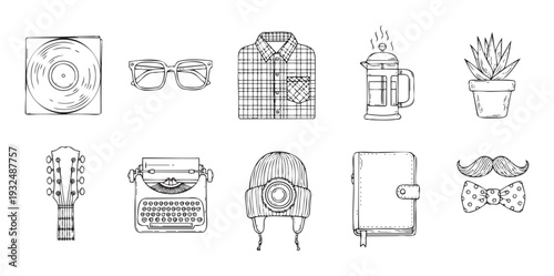 Selection of hand drawn hipster lifestyle objects featuring vinyl records eyeglasses plaid shirts French press coffee succulents guitar typewriters knit caps notebooks and bow ties perfect