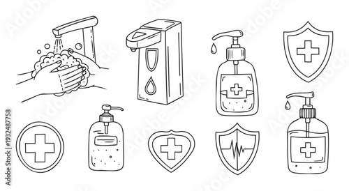 Essential hygiene and health related line icons for personal protection and public sanitation campaigns or informational materials