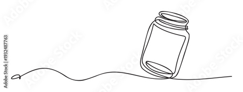 Continuous single line visual of an empty glass jar or bottle resting on a flowing horizontal line, perfect for modern packaging, brand identity, and ecofriendly communication.