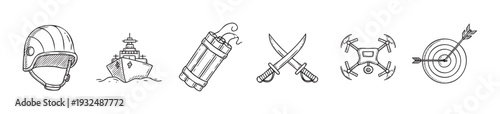 Handdrawn black and white military and combat vector icons depicting a helmet, warship, dynamite, crossed swords, drone, and target useful for graphic design and defense themed projects