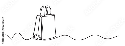 Minimalist continuous line drawing of a shopping bag standing on a wavy line representing a journey or flow, perfect for ecommerce promotions, retail marketing, and digital advertisements.