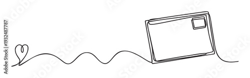 Elegant continuous line drawing depicting a symbolic heart connected to a letter envelope with a stamp, perfect for conveying themes of love, correspondence, and cherished communication in