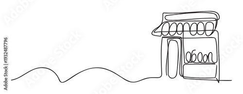 Minimalist continuous line drawing depicting a charming small business storefront with an awning and display counter, perfect for entrepreneurship and local commerce concepts