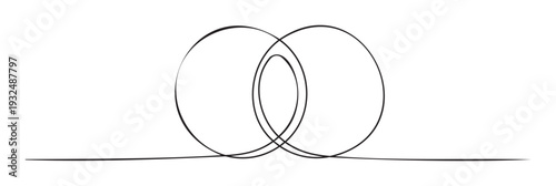 Continuous black line drawing forming two intertwined circles with an elegant central loop symbolizing connection and eternity useful for contemporary graphic projects