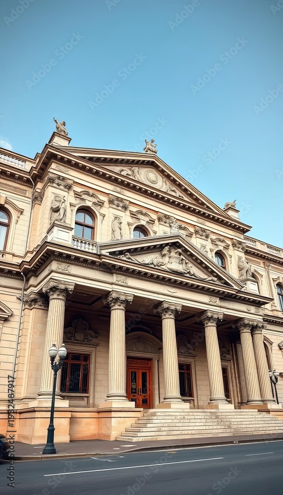 Fototapeta premium Grand neoclassical bank architecture with ornate detailing, majestic facade, vintage, neoclassical
