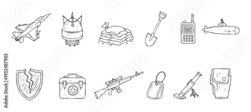 Military war defense equipment collection with fighter jet bomb sandbags and weapons perfect for army related presentations or informational graphics