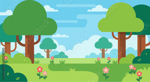 Serene landscape illustration featuring trees, flowers, and a winding path in a lush green meadow under a blue sky with white clouds from a distant viewpoint