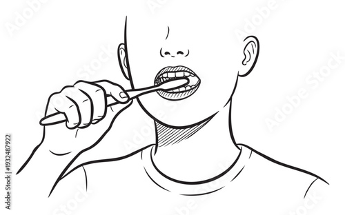 Young individual engaged in their essential oral hygiene routine, brushing teeth with a toothbrush, ideal for dental care education and health awareness campaigns
