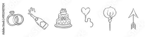 Outline drawings of wedding and celebration items, featuring diamond rings, popping champagne, a tiered cake, heart balloon, calla lily, and arrow, perfect for romantic invitations or