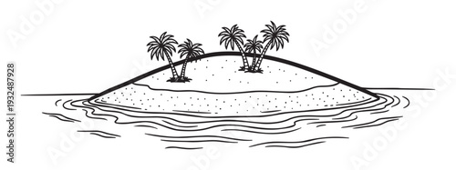 Simple hand drawn island with several tropical palm trees in the middle of wavy ocean water perfect for travel brochures vacation advertisements or summer holiday themed projects