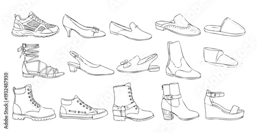 Diverse collection of footwear designs showcasing casual sneakers, elegant heels, sturdy boots, and comfortable sandals, ideal for style guides, clothing catalogs, or digital content.