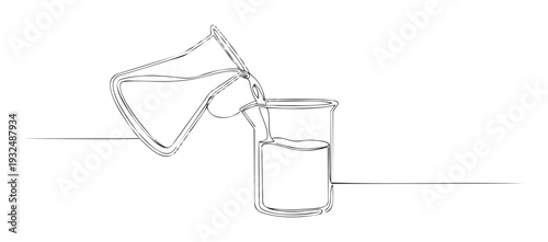 Continuous line drawing depicting liquid being poured from a laboratory flask into a beaker, ideal for scientific education and chemistry experiment visuals.