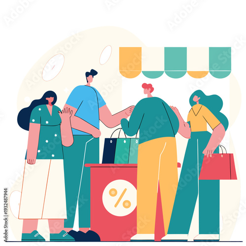 Friends Enjoying Big Sale with Shopping Bags – Vector Illustration