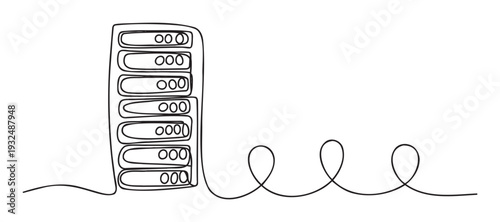Continuous line drawing of a modern data server rack with multiple storage units and a winding cable, ideal for technology infrastructure visualizations, network concepts, or digital
