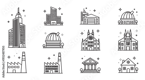 Versatile collection of architectural building icons in a clean minimalist line style ideal for web development, user interfaces, mobile applications, and property presentations.
