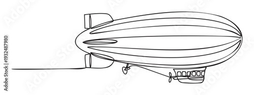 Minimalist continuous line drawing of an airship soaring through the sky, perfect for aviation enthusiast merchandise or historical transportation marketing materials.