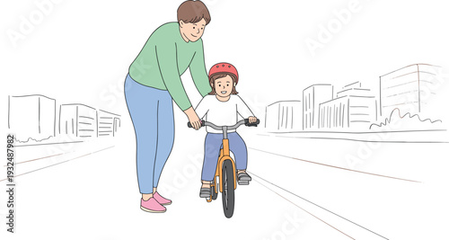 Mother Teaching Young  Ride a Bicycle on City , Concept of Positive Parenting and Childhood Development, Safe Outdoor Activity with Protective , Family Support in New Skills Vector Illustration
