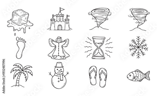Hand drawn doodle icon set featuring seasonal motifs, weather phenomena, and vacation items for engaging educational materials and cheerful holiday graphic projects.