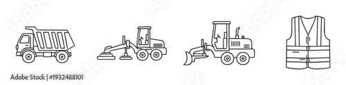 A collection of essential construction equipment and safety gear outlines, perfect for industrial safety guides, civil engineering presentations, and heavy machinery advertisements.