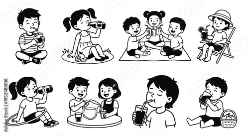 Children enjoying various beverages and summer activities in a cartoon style