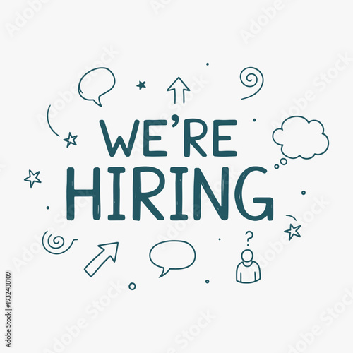 Vibrant hand-drawn We're Hiring lettering with decorative elements