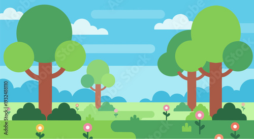 Serene landscape with trees and flowers in a peaceful meadow under a blue sky viewed from a distance