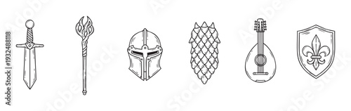 Collection of handdrawn medieval roleplaying game icons including sword, magic staff, knight helmet, scale armor, lute instrument, and heraldic shield for gaming or book assets