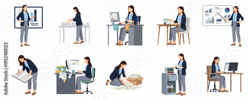 Flat Style Diverse Woman Professional Working on Various Office Task Illustration