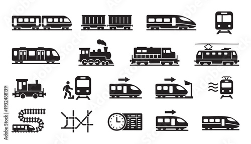 Set of black train and railway icons depicting various locomotives passenger wagons subway cars schedules and station symbols suitable for public transportation graphics.