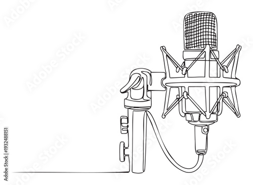 Professional recording microphone single continuous line drawing capturing audio equipment for broadcast podcasting music production and voiceover projects