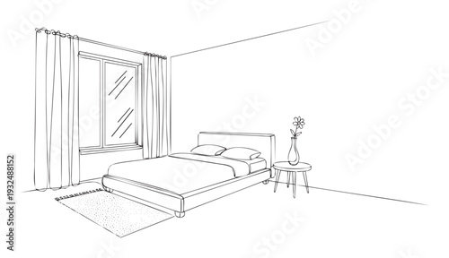 Minimalist line drawing of a cozy bedroom interior with a comfortable bed, window, curtains, and a nightstand holding a flower vase, ideal for modern home decor concepts.