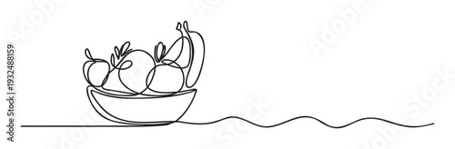 Simple continuous line depiction of fresh fruits nestled in a bowl, ideal for promoting healthy eating, organic produce, and balanced nutrition campaigns.