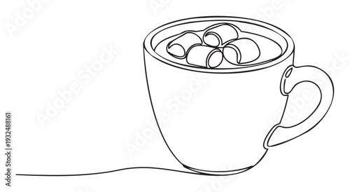 Simple line drawing of a comforting hot chocolate mug with delicious marshmallows, perfect for cozy winter marketing materials, beverage menus, or sweet treat promotions