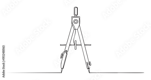 Minimalist continuous line drawing of a drafting compass creating a straight horizontal line, perfect for educational materials, engineering visuals, and architectural presentations.