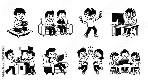 Diverse group enjoying various video game setups and multiplayer experiences