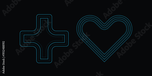 3D illustration of a red medical cross pharmacy symbol and heart icon on a black background as a concept for emergency hospital aid and health medicine design