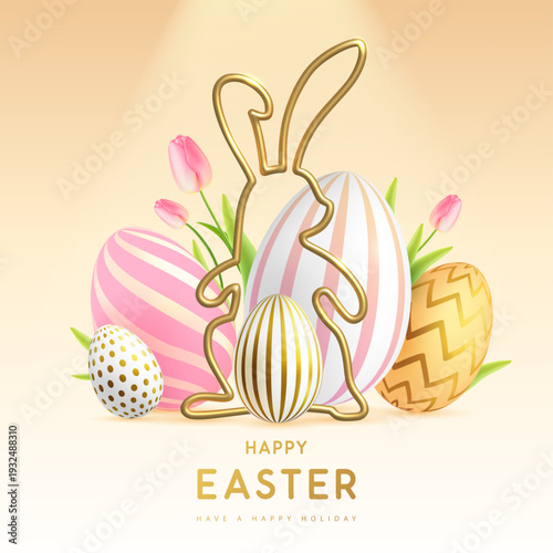 Happy Easter background with colorful easter eggs, golden rabbit silhouette and tulips. Holiday greeting card or poster. Vector illustration