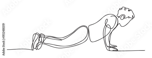 Minimalist continuous line drawing of a person doing a push up exercise, representing fitness, strength, and active lifestyle for sports training and wellness publications