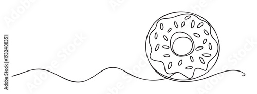 Minimalist continuous line drawing of a delicious frosted donut with sprinkles, ideal for confectionery branding, bakery advertisements, and sweet treat promotions.