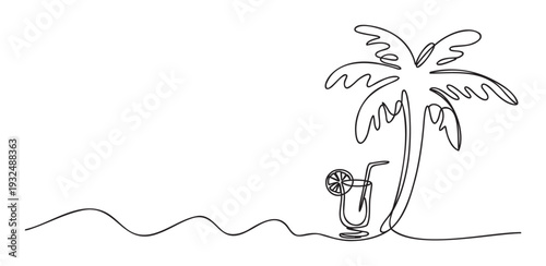 Continuous line drawing depicting a tropical palm tree and a refreshing cocktail drink on a sandy beach for summer vacation promotions and travel agency marketing materials