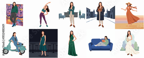 Flat Style Diverse Woman Character in Different Poses and Situations Illustration