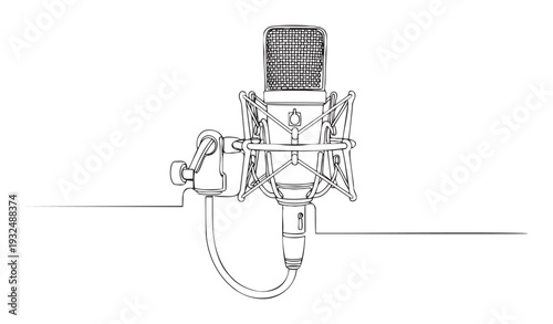 Professional studio recording microphone depicted in a stylish continuous line drawing, perfect for audio production, podcasting, voiceover, and broadcasting industry graphic assets