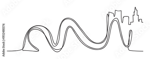Sleek single line graphic illustrating a flowing path evolving into a contemporary city silhouette, suitable for conveying themes of progress, infrastructure, and urban living in various