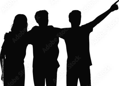 Group of friends silhouette together, unity teamwork concept vector, people standing with arms around shoulders isolated black illustration design