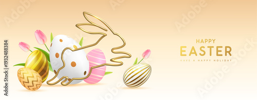Happy Easter background with colorful easter eggs, golden rabbit silhouette and tulips. Holiday greeting card or poster. Vector illustration