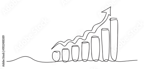 Continuous line drawing depicting a business growth chart with rising bars and an upward trend arrow, perfect for financial reports, presentations, and marketing materials.