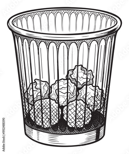 A detailed black line drawing of a waste basket filled with crumpled paper representing discarded ideas, brainstorming, or environmental concepts for office, education, or business